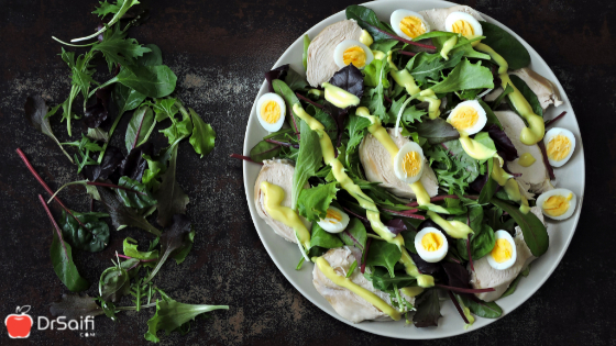 Keto Chicken Salad with Boiled Eggs, Cheese, and Greens